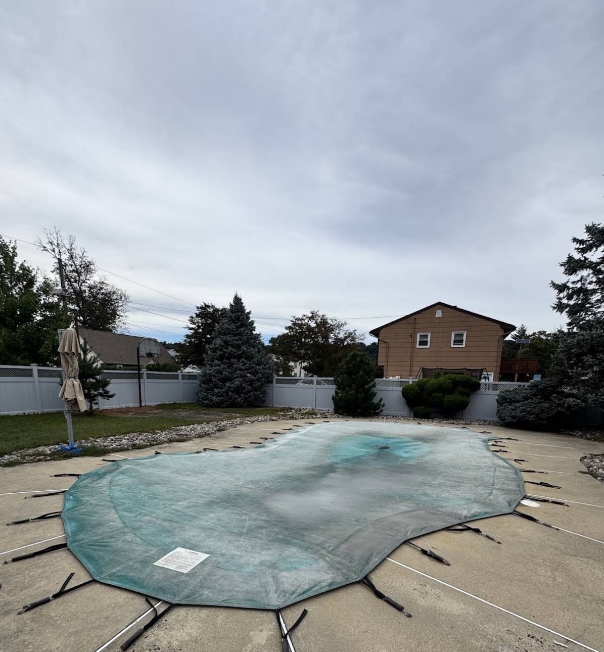 Freeform residential pool closed for winter under a safety cover